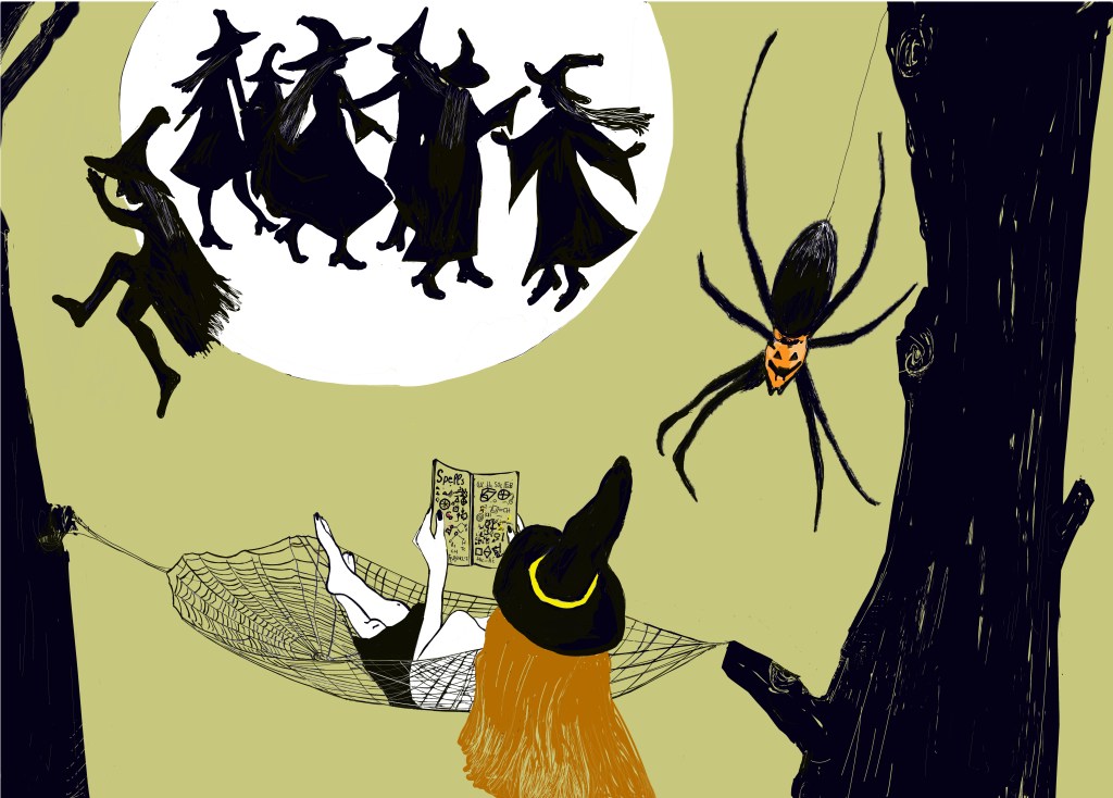An illustrated scene featuring a person wearing a witch's hat, relaxing in a hammock while reading a spellbook. In the background, silhouettes of witches dance under a full moon, and a large spider hangs nearby.
