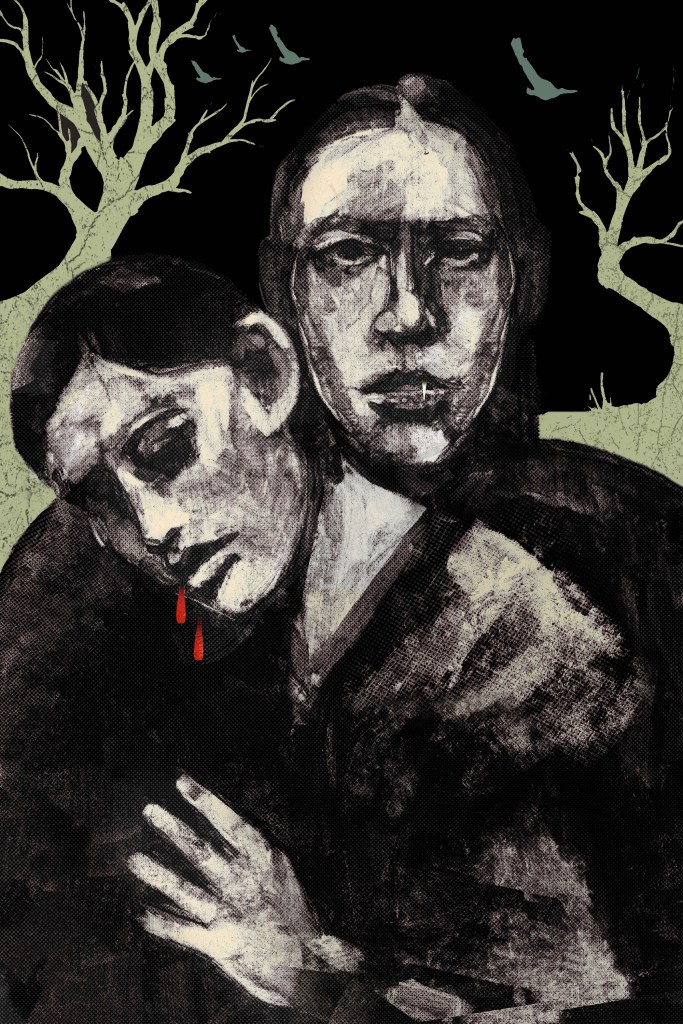 Artistic depiction of two figures, one resting their head on the other's shoulder, with an expression of sorrow. The background features barren trees and a dark atmosphere, with a hint of red suggesting distress.